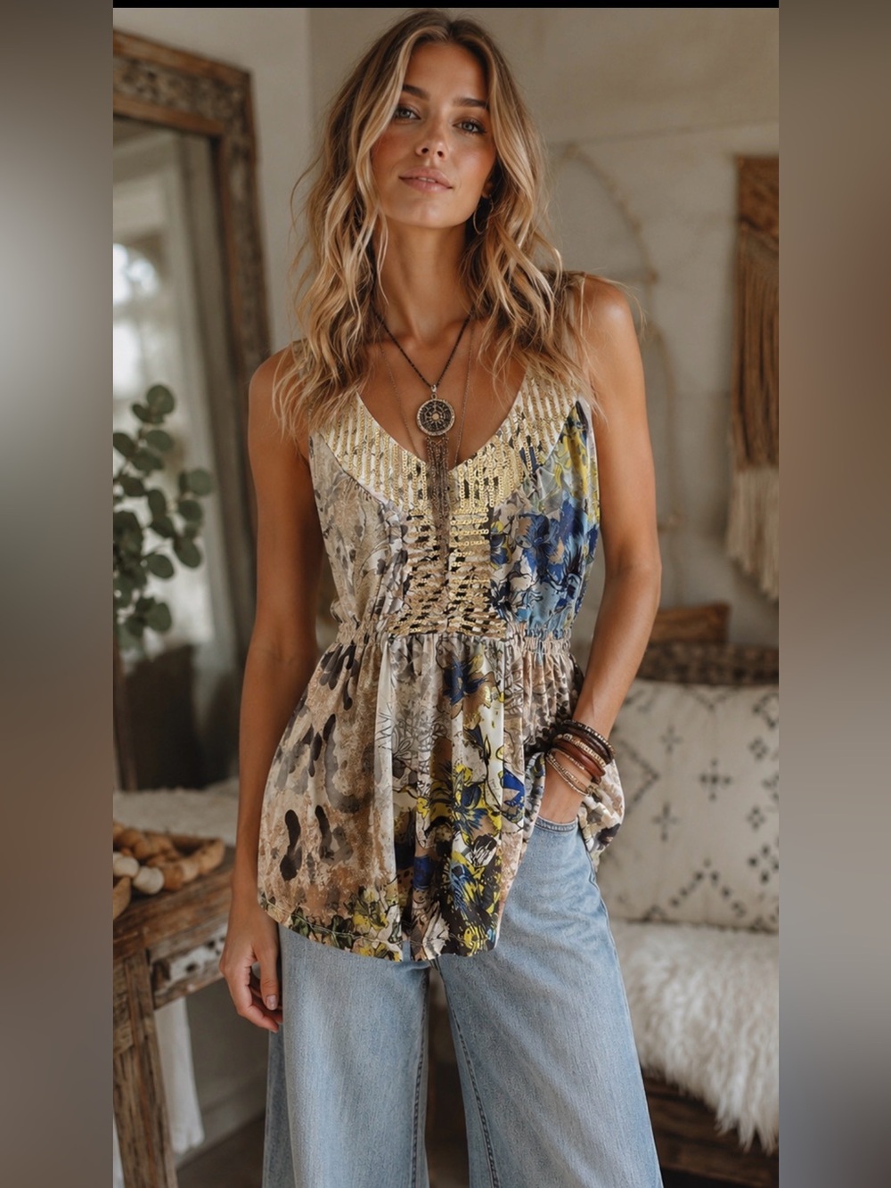 Cato Cream Floral‎ V-Neck Smocked Waist Camisole with Blue Accents